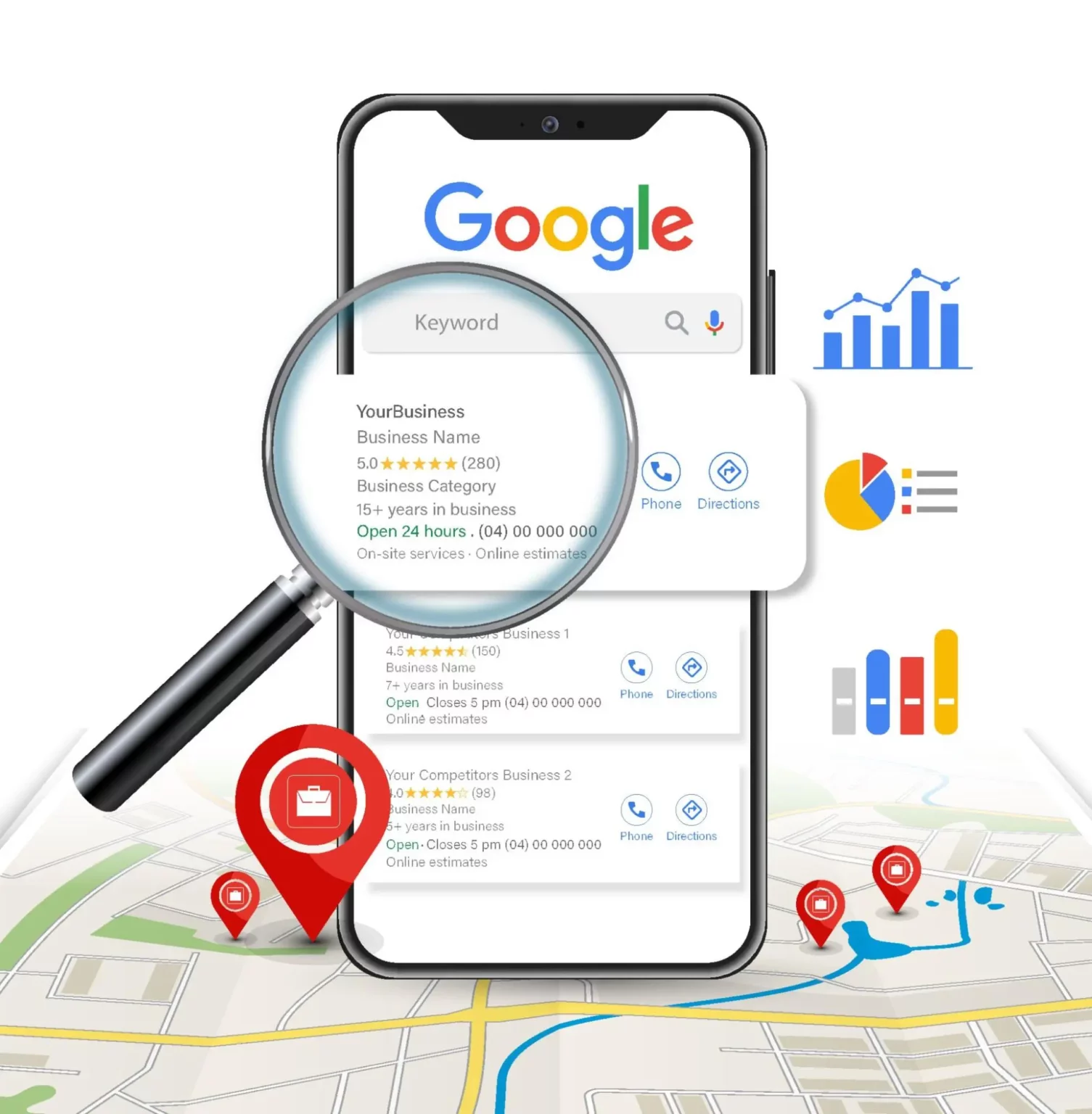 Visual representation of local SEO strategy showing Google Maps, Local Pack rankings, and customer search behavior